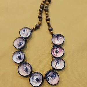 Hand-Painted "Eye" Pendant Necklace Accented w/ Tiger's Eye Beads - Fun & Funky!